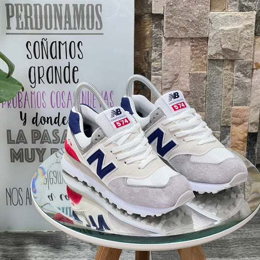 NEW BALANCE 574 BEIGE ROJO CON AZUL